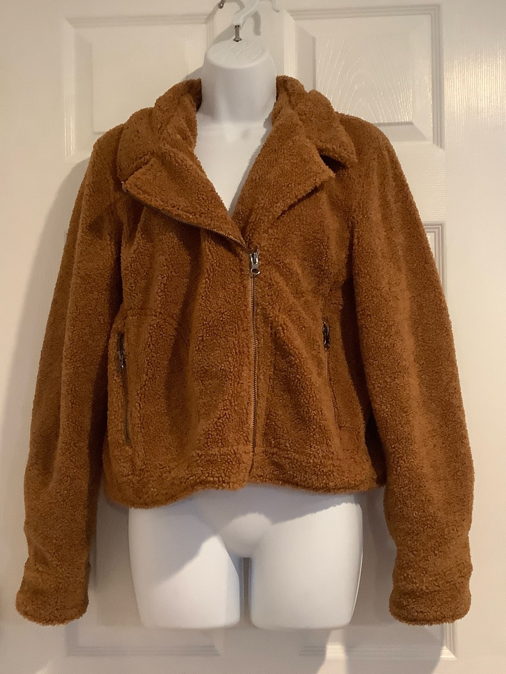 SHINESTAR Brown Zipper Front Furry Soft Warm Lapel Fall Teddy Coat Jacket L